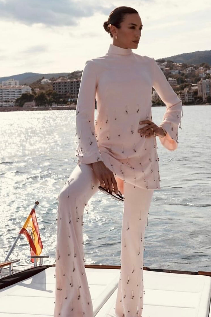 Long-Sleeved Blouse with Flared Pants and Embellishments
