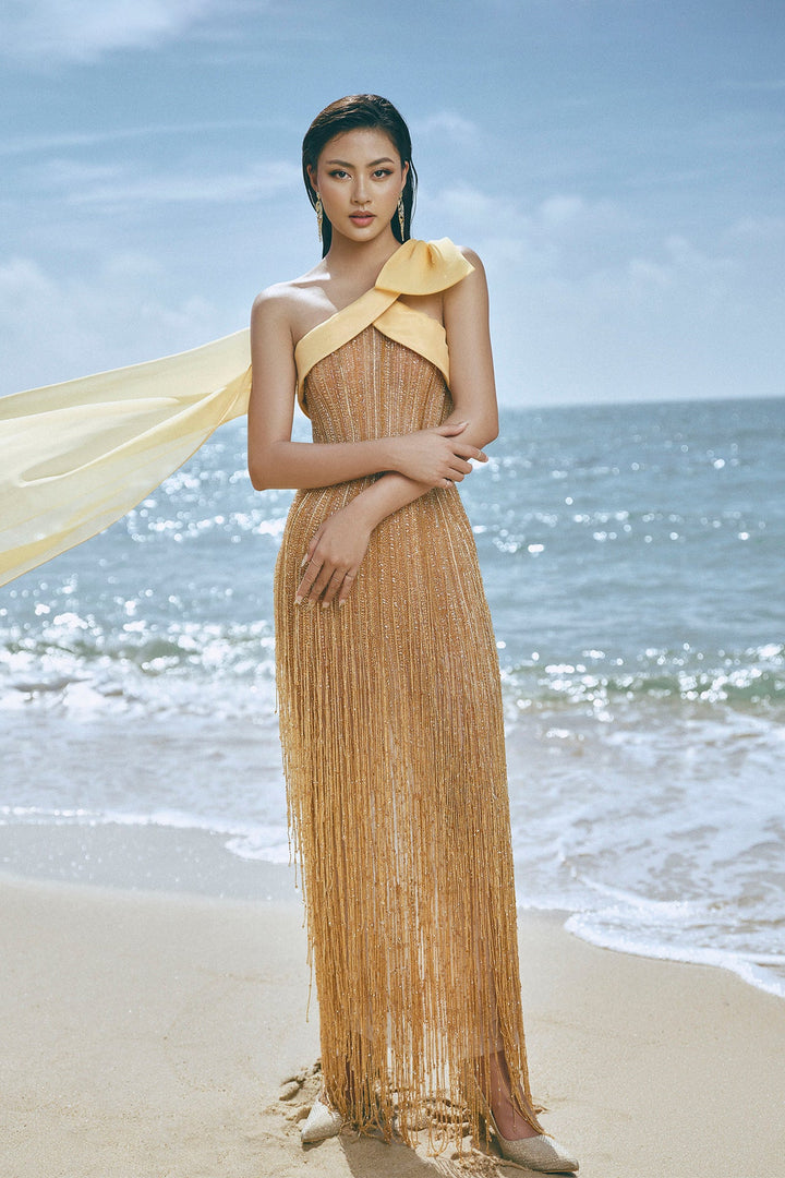 Golden Beaded One-Shoulder Gown