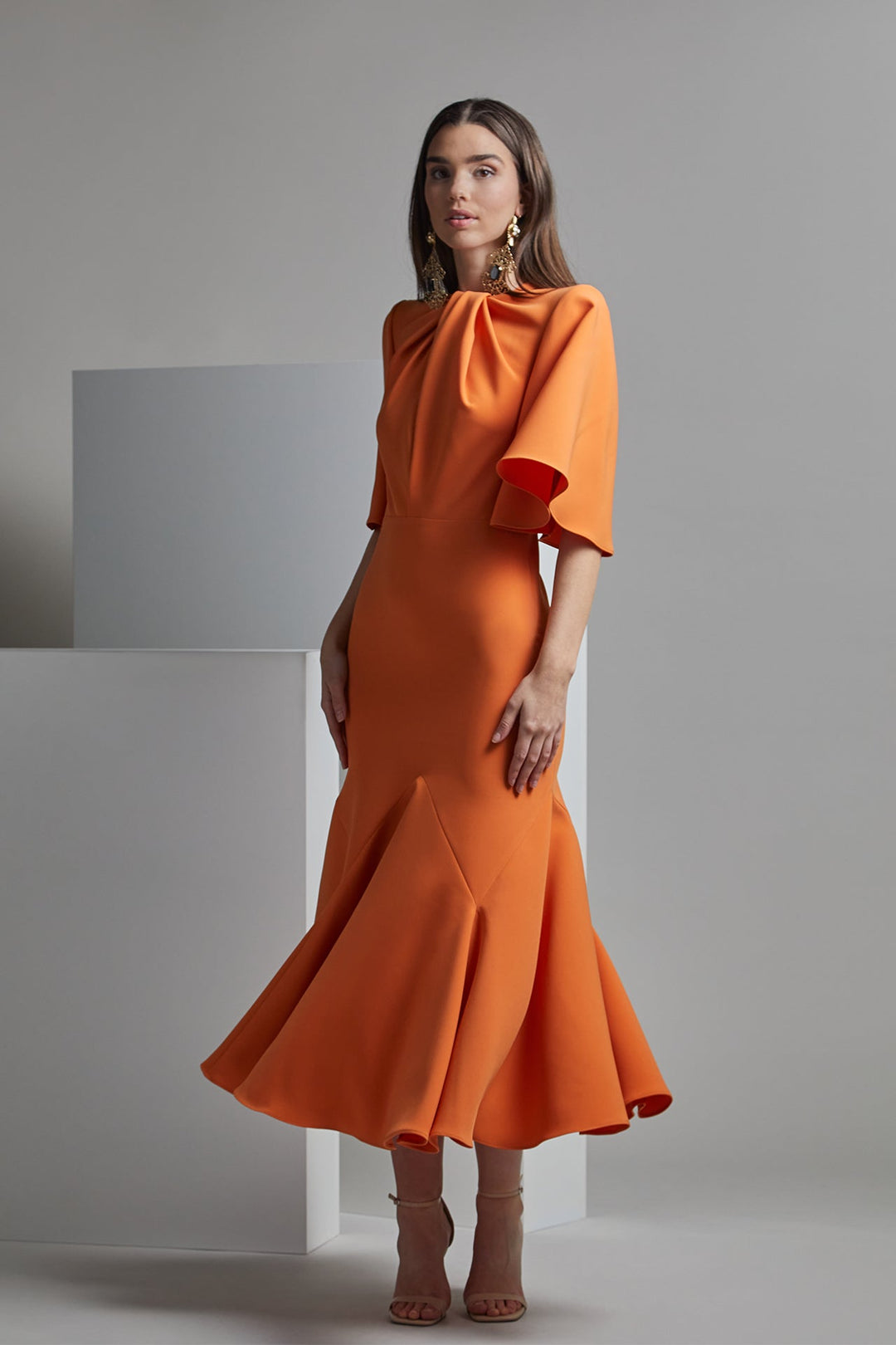 Draped Bodice Midi Dress Orange / US 12 Draped Bodice Midi Dress Orange / US 12