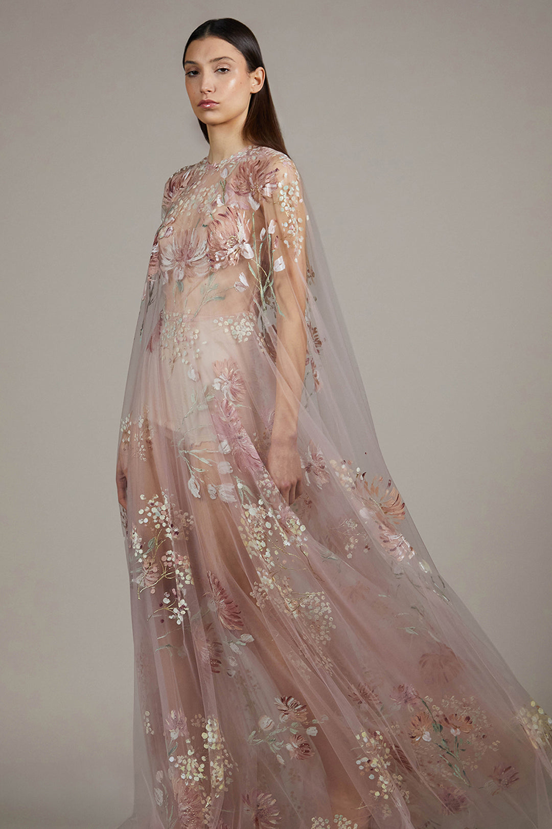 tulle dress overlay A-Line Tulle Dress with Cape Overlay Blush Pink / US 6