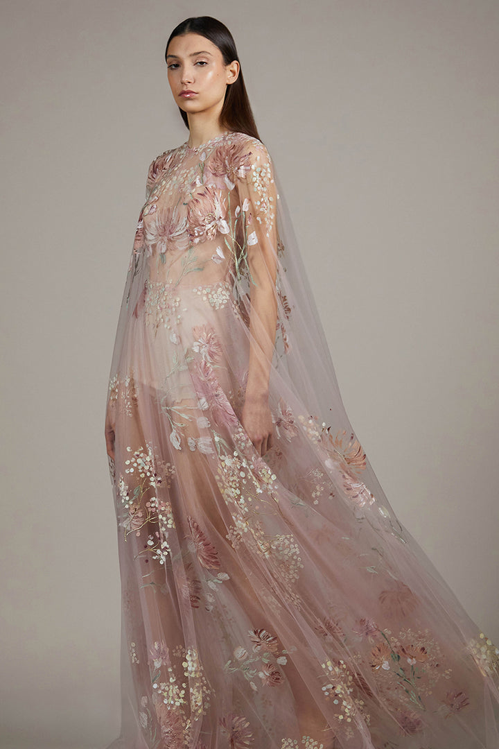 A-Line Tulle Dress with Cape Overlay
