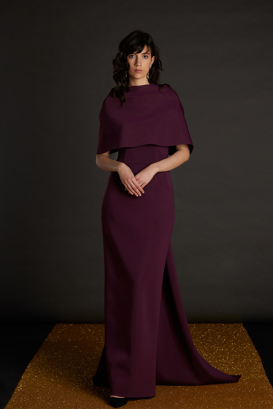 Cape Overlay Crepe Dress Burgundy / US 14 Cape Overlay Crepe Dress Burgundy / US 14