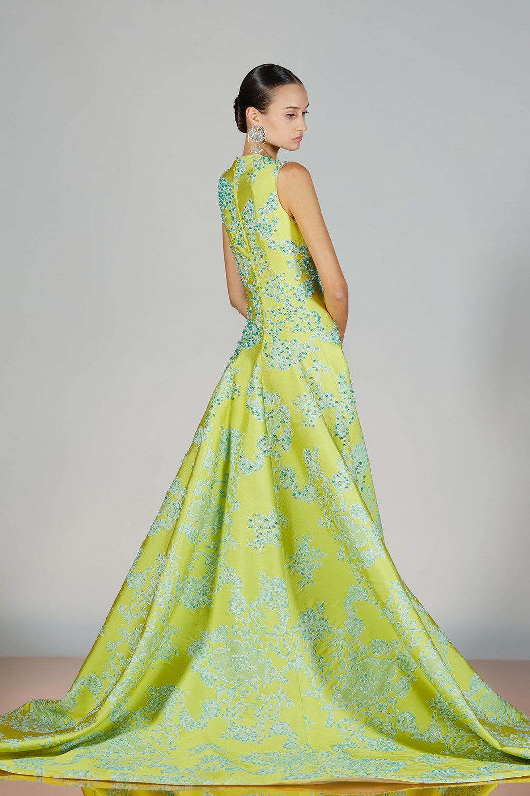 Sleeveless Brocade Gown with Blue Floral Motif Lime / US 14 Sleeveless Brocade Gown with Blue Floral Motif Lime / US 14