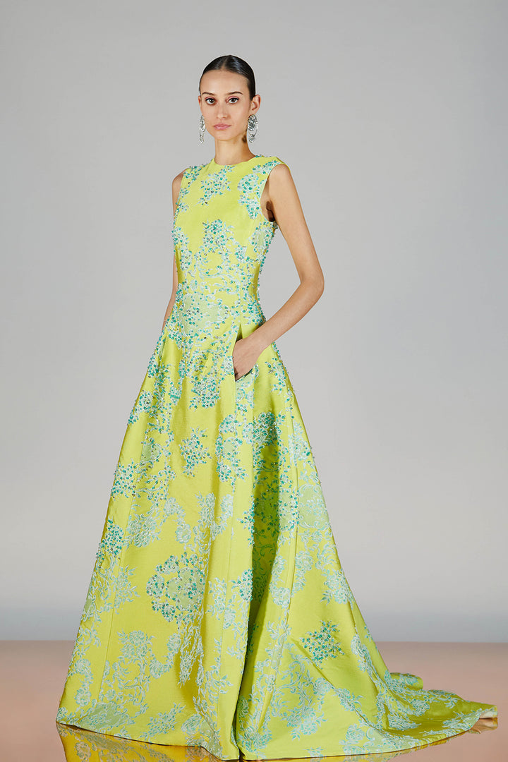 Closed-Neckline Brocade A-line Dress