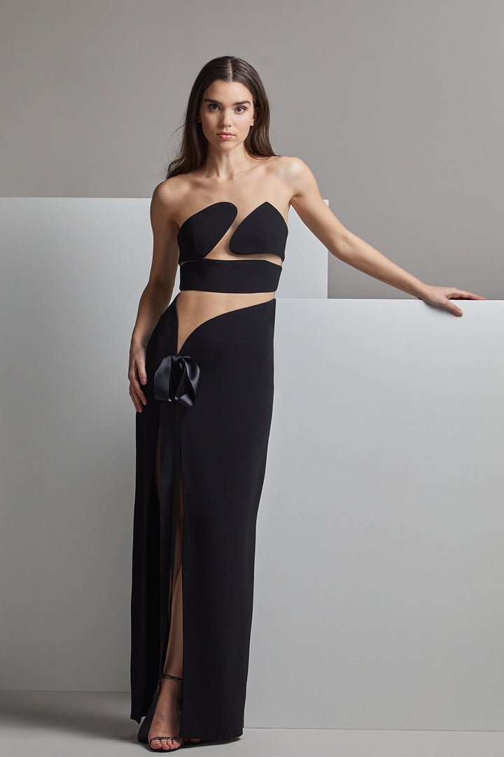 Strapless Asymmetric Straight-Cut Dress with Cutouts