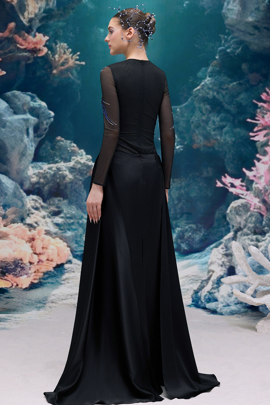 Crepe and Sheer Tulle A-line Dress
