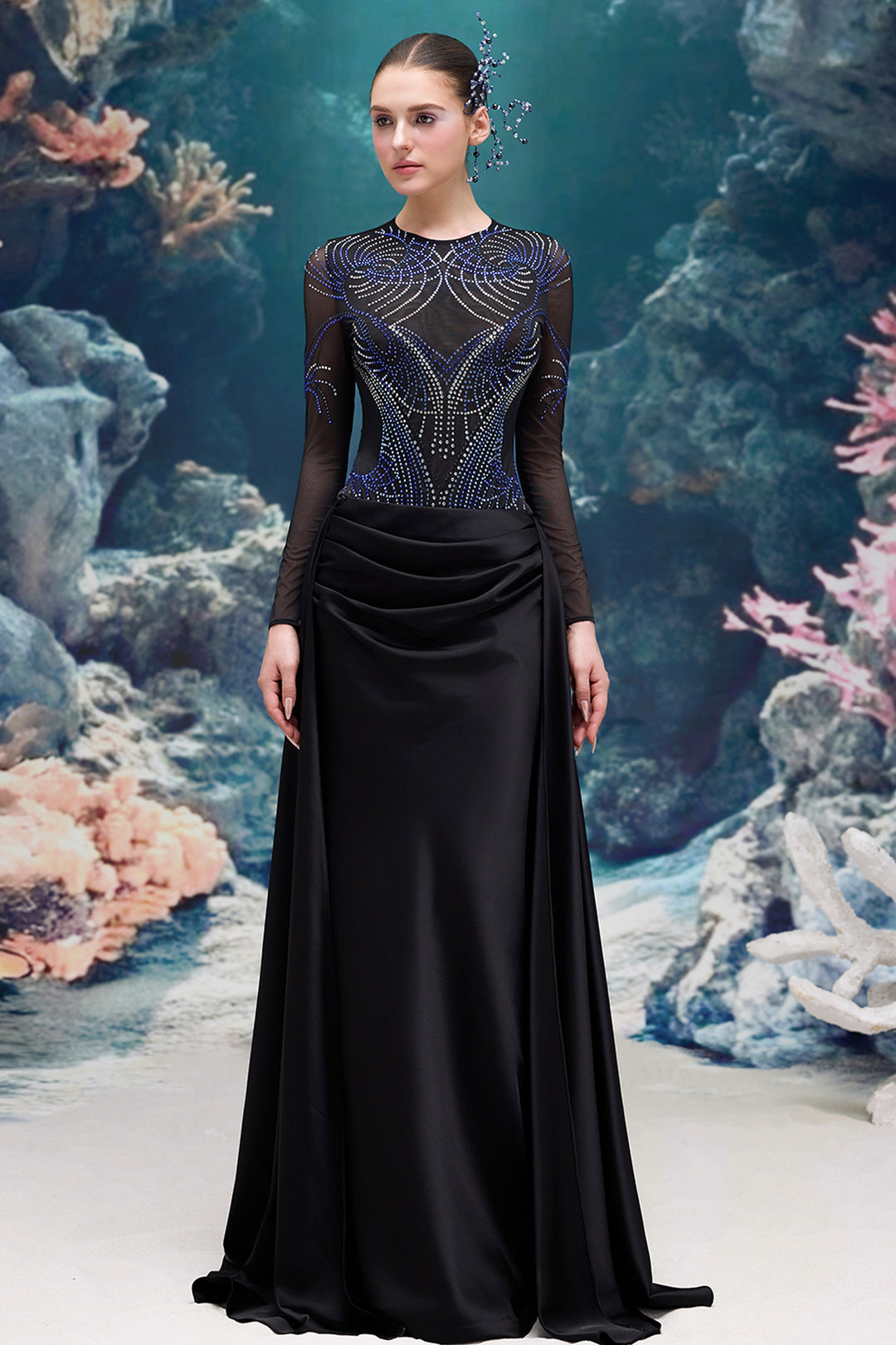 Crepe and Sheer Tulle A-line Dress Black / US 12