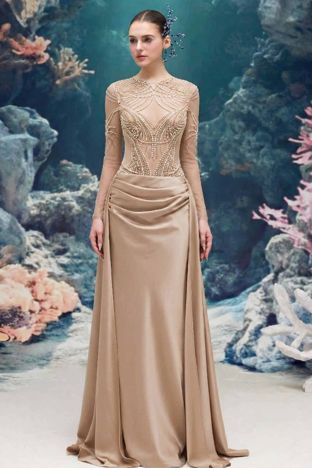Crepe and Sheer Tulle A-line Dress