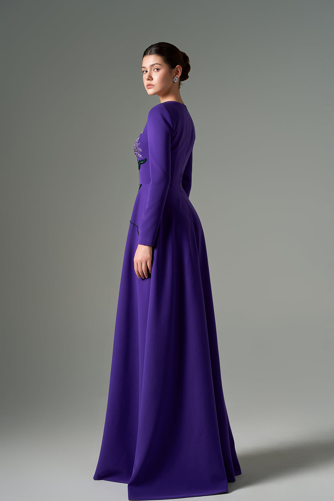 Dress with Shoulder Cutouts, Floral Appliques, and A-Line Skirt with Train Purple / US 16 Dress with Shoulder Cutouts, Floral Appliques, and A-Line Skirt with Train Purple / US 16
