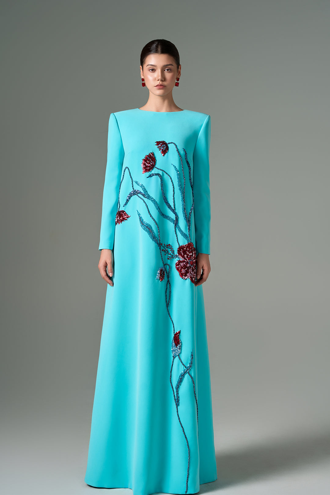 Dress with Structured Shoulders, Long Sleeves, Floral Beading, and A-Line Silhouette Yellow / US 8 Dress with Structured Shoulders, Long Sleeves, Floral Beading, and A-Line Silhouette Yellow / US 8