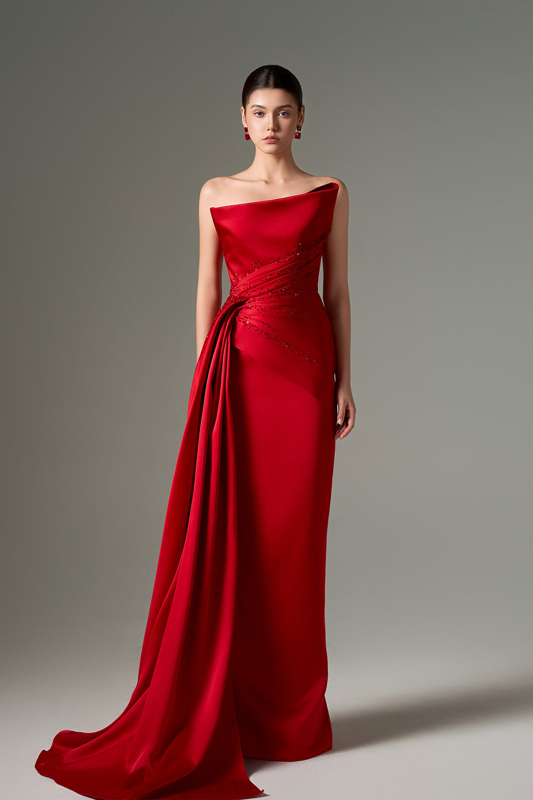 Dress with Asymmetric Neckline, Draped Bodice, Crystal Embellishments and Train White / US 22 Dress with Asymmetric Neckline, Draped Bodice, Crystal Embellishments and Train White / US 22