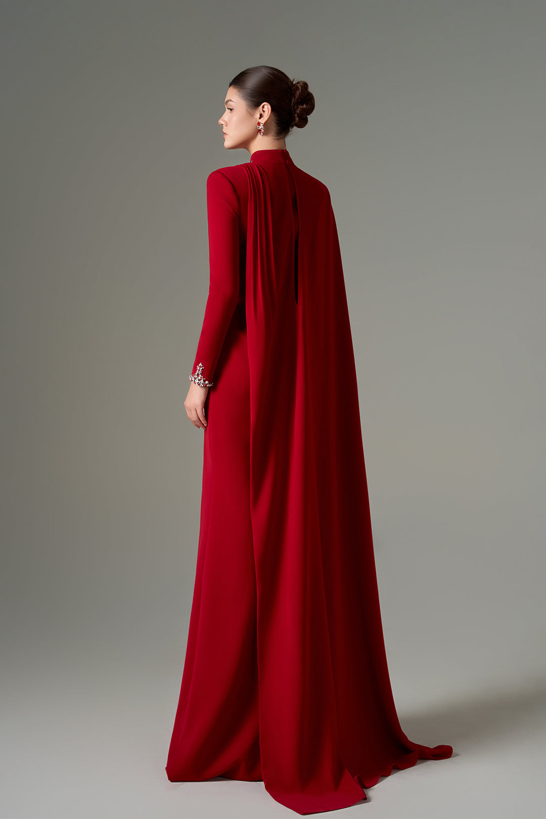 Drapi Dress with High Neck, Crystal Embellishments, Long Sleeves, Side Drapi ...
