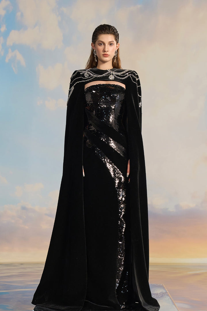 Black Velvet Cape Dress with Sequin Details