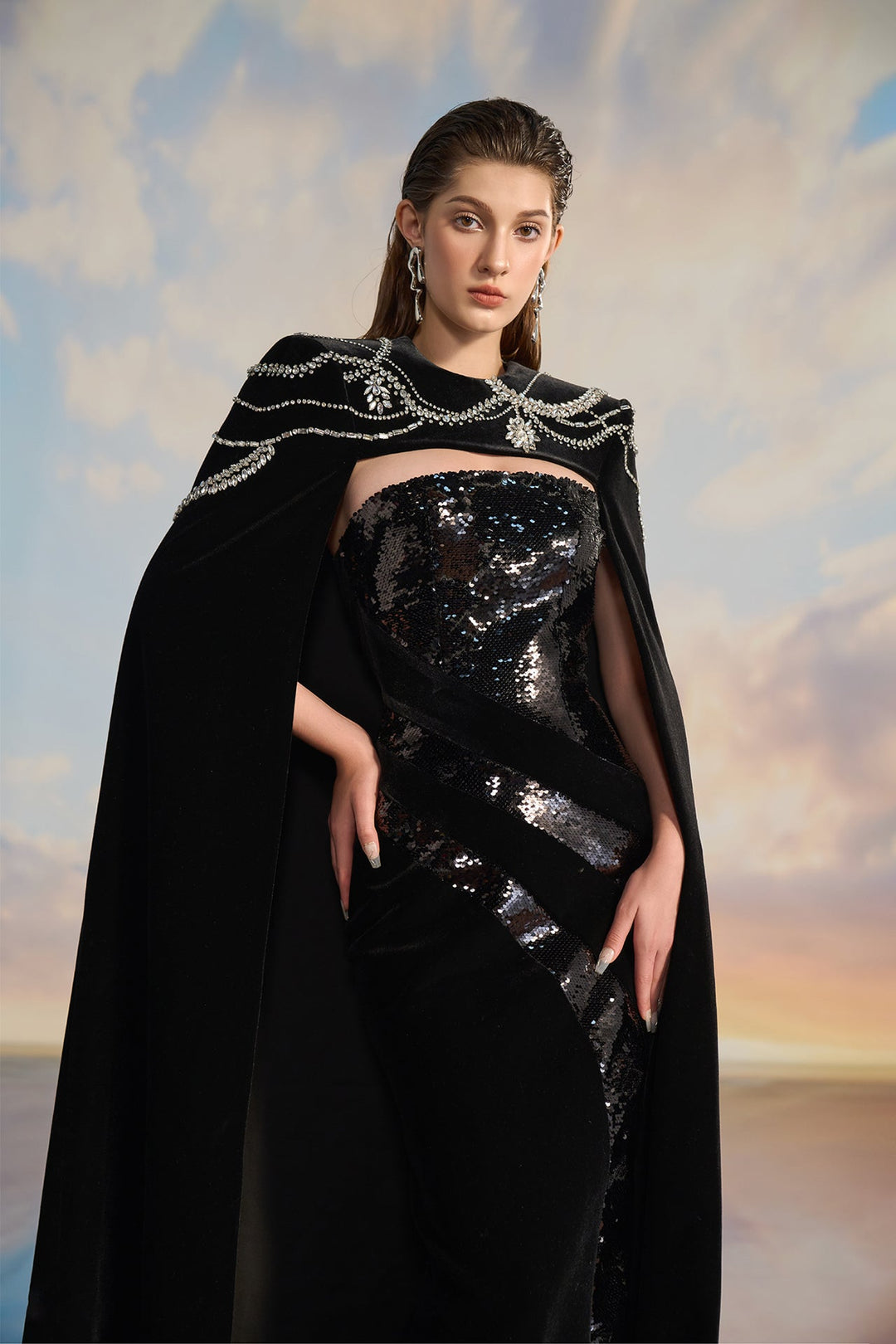 Black Velvet Cape Dress with Sequin Details Black Black Velvet Cape Dress with Sequin Details Black