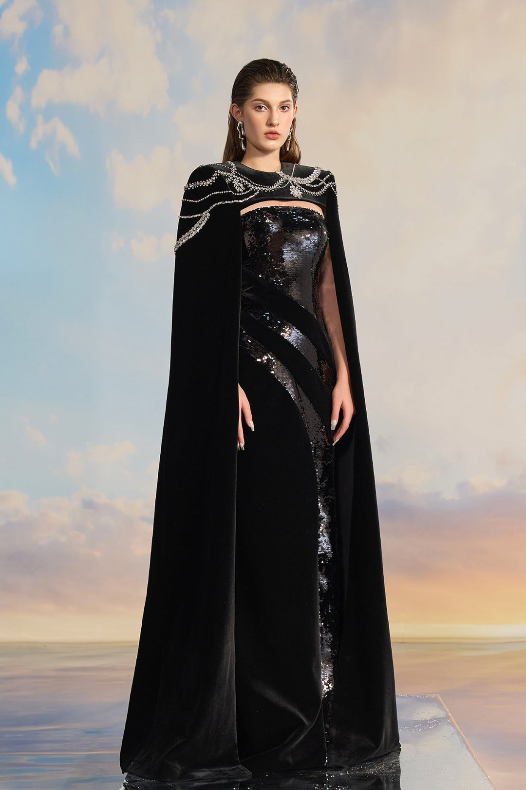Black Velvet Cape Dress with Sequin Details Black - Gold sequins / US 8 Black Velvet Cape Dress with Sequin Details Black - Gold sequins / US 8