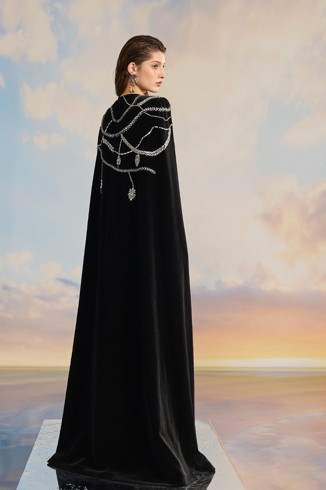 black sequin cape dress Black Velvet Cape Dress with Sequin Details