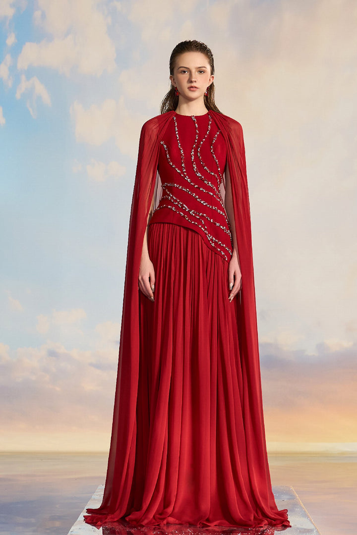 Red Cape Dress with Embellishments