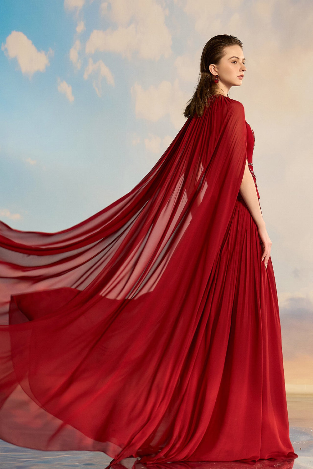red dress with cape Sparkly Dark Strapless Sequin Long Pageant Sleeveless dress with high neckline Red Lace Cape + dress