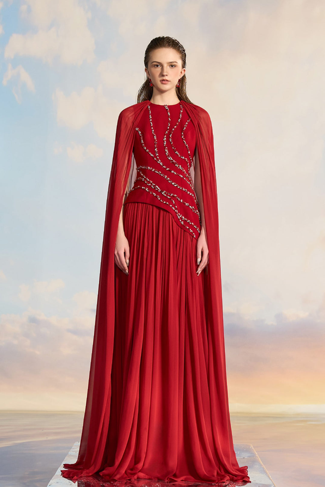 Red Cape Dress with Embellishments Yellow / US 10 Red Cape Dress with Embellishments Yellow / US 10
