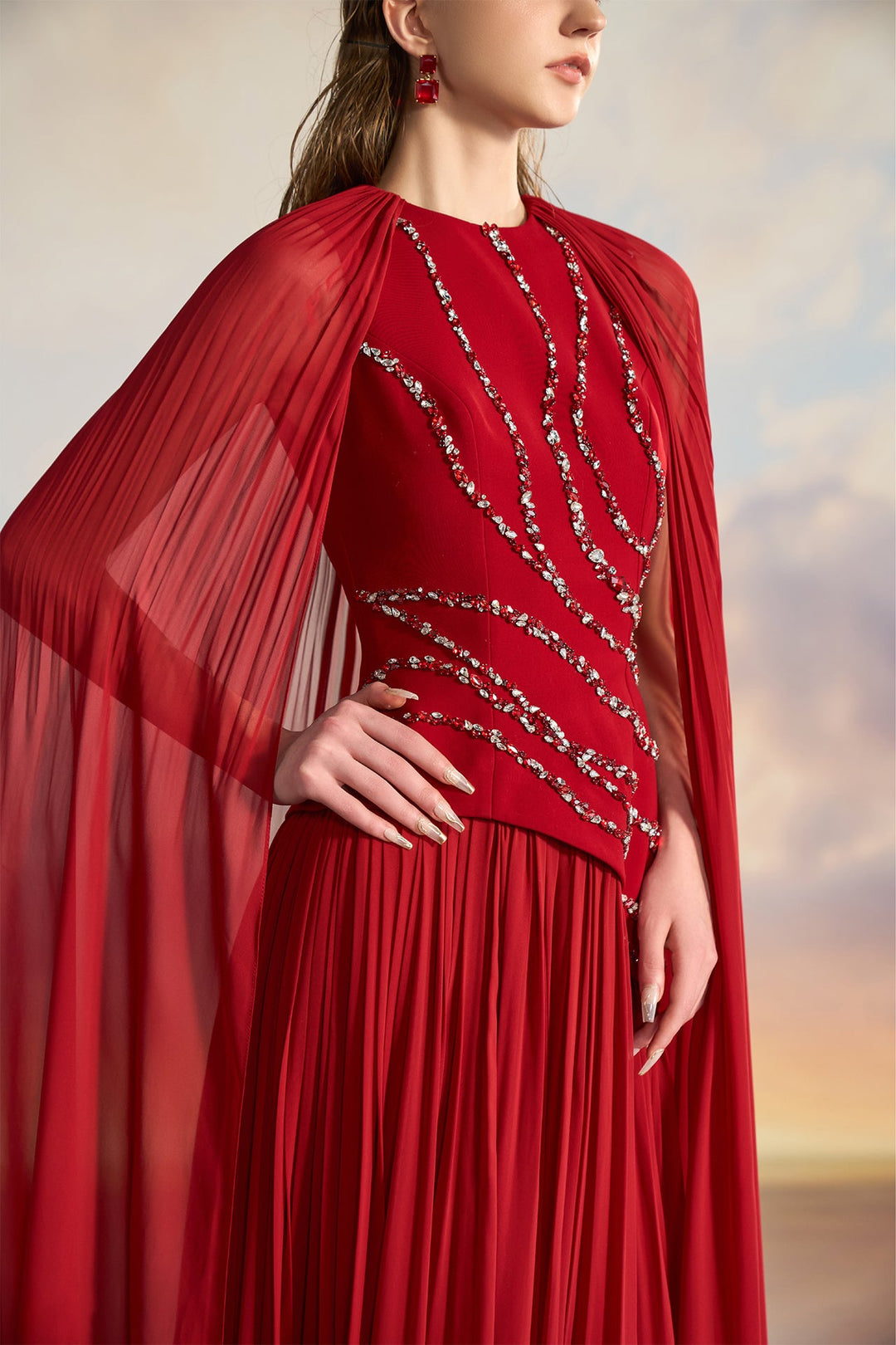 Red Cape Dress with Embellishments