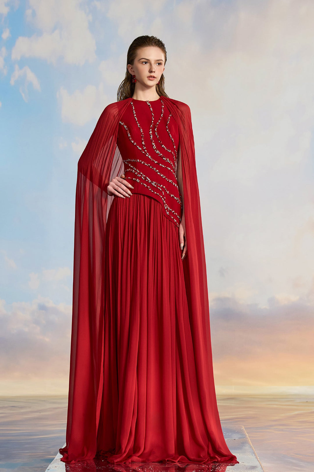 Red Cape Dress with Embellishments