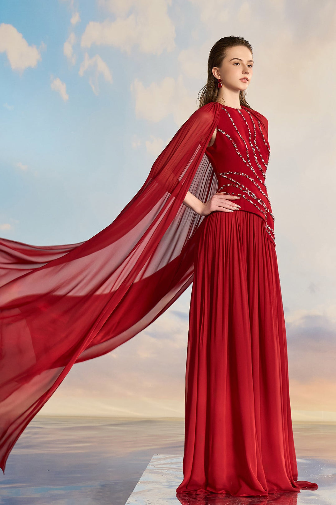 Red Cape Dress with Embellishments