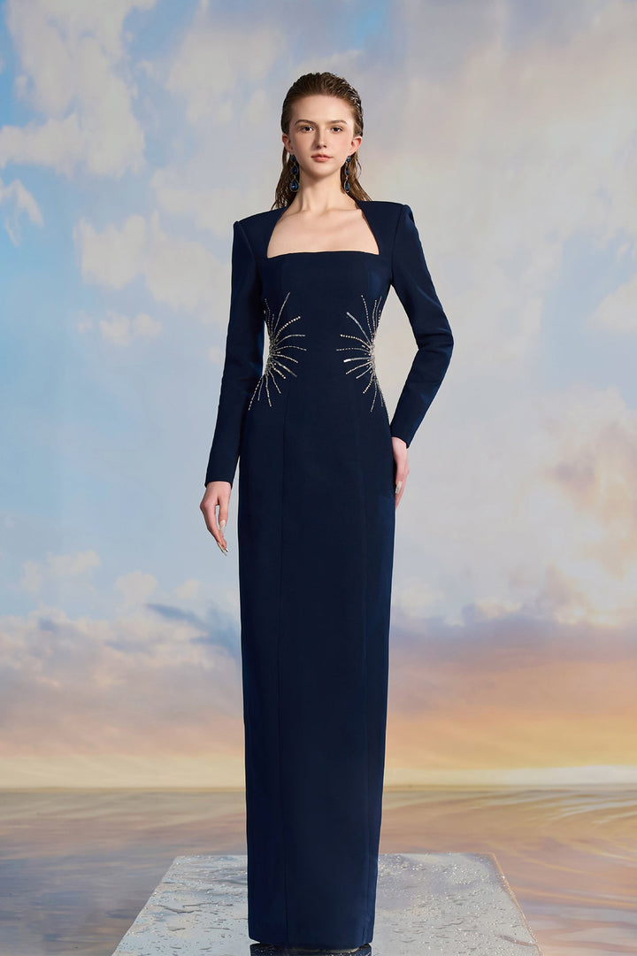 Navy Crepe Long-Sleeve Dress with Waist Embellishments