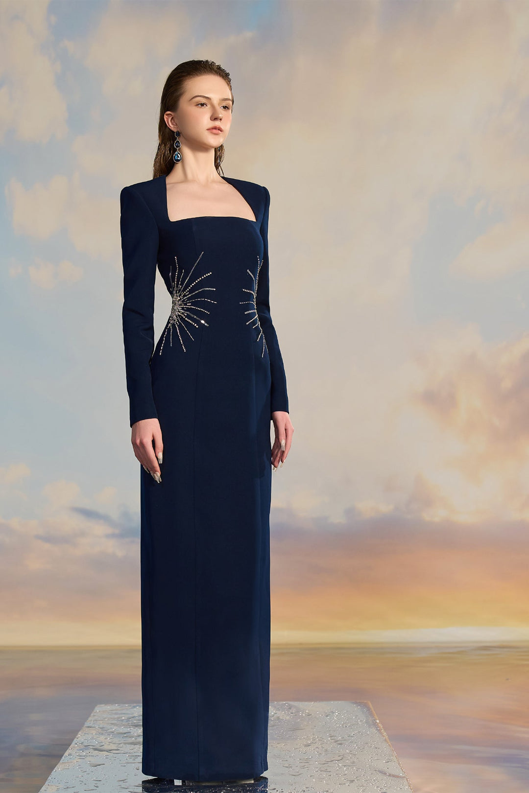 Navy Crepe Long-Sleeve Dress with Waist Embellishments