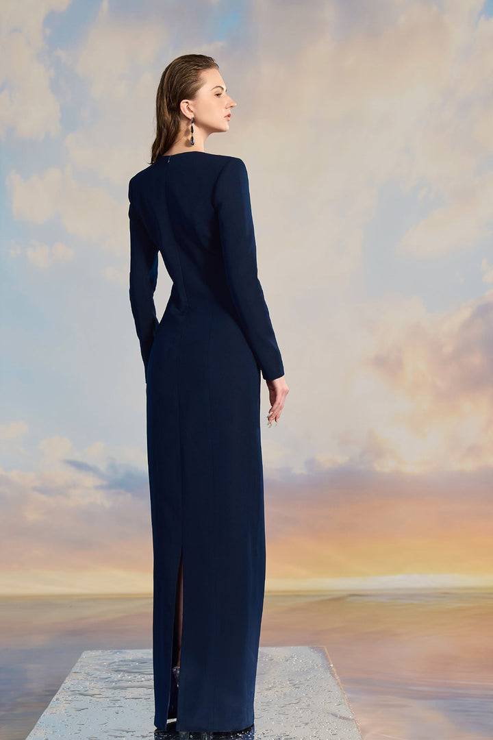 Navy Crepe Long-Sleeve Dress with Waist Embellishments