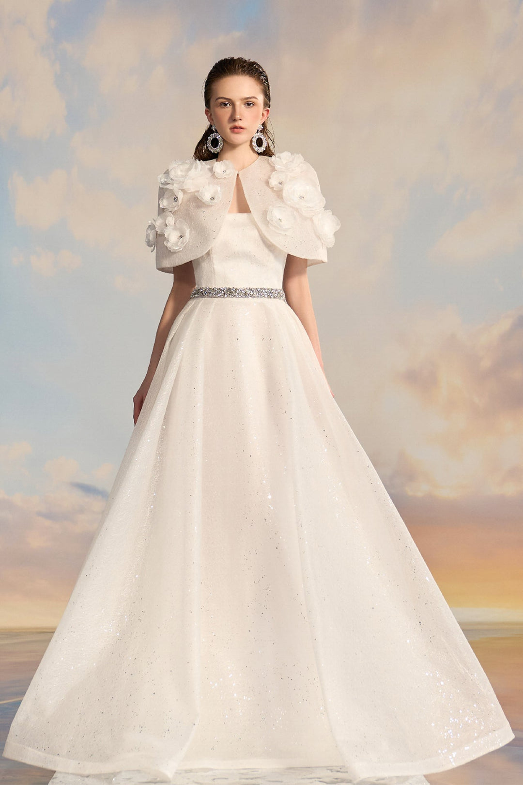 Tulle Flared Dress with Floral Cape White / US 12 Tulle Flared Dress with Floral Cape White / US 12