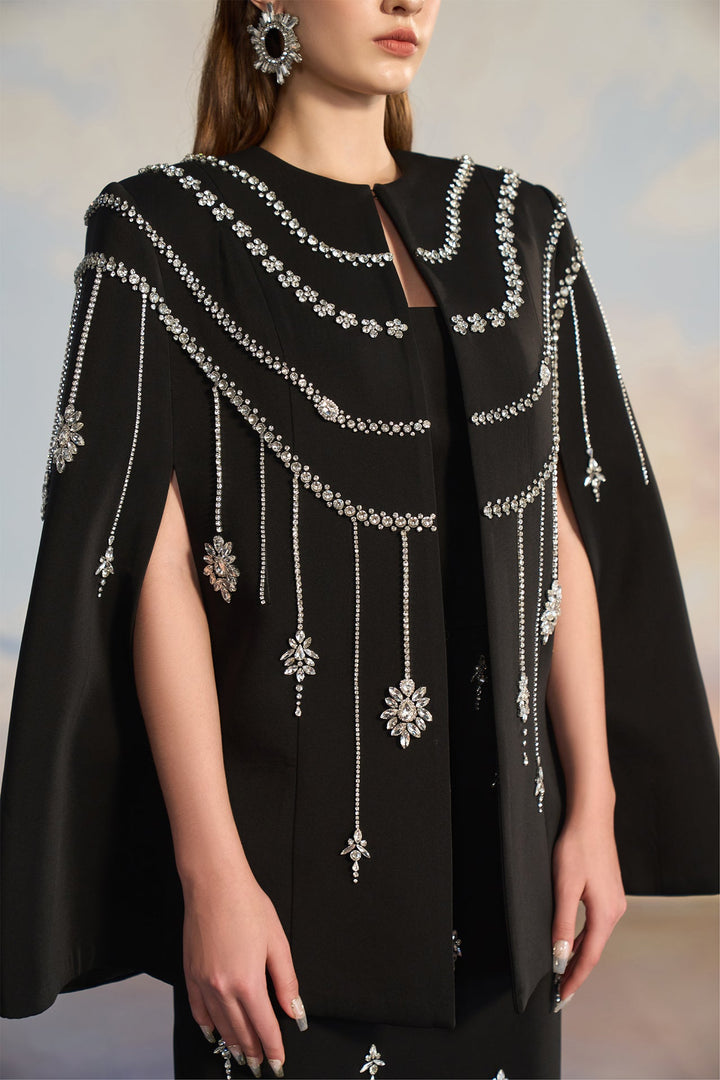 Black Crepe Cape Dress with Metallic Embellishments