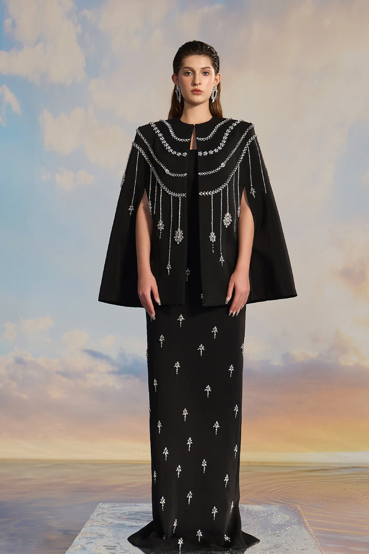 Black Crepe Cape Dress with Metallic Embellishments