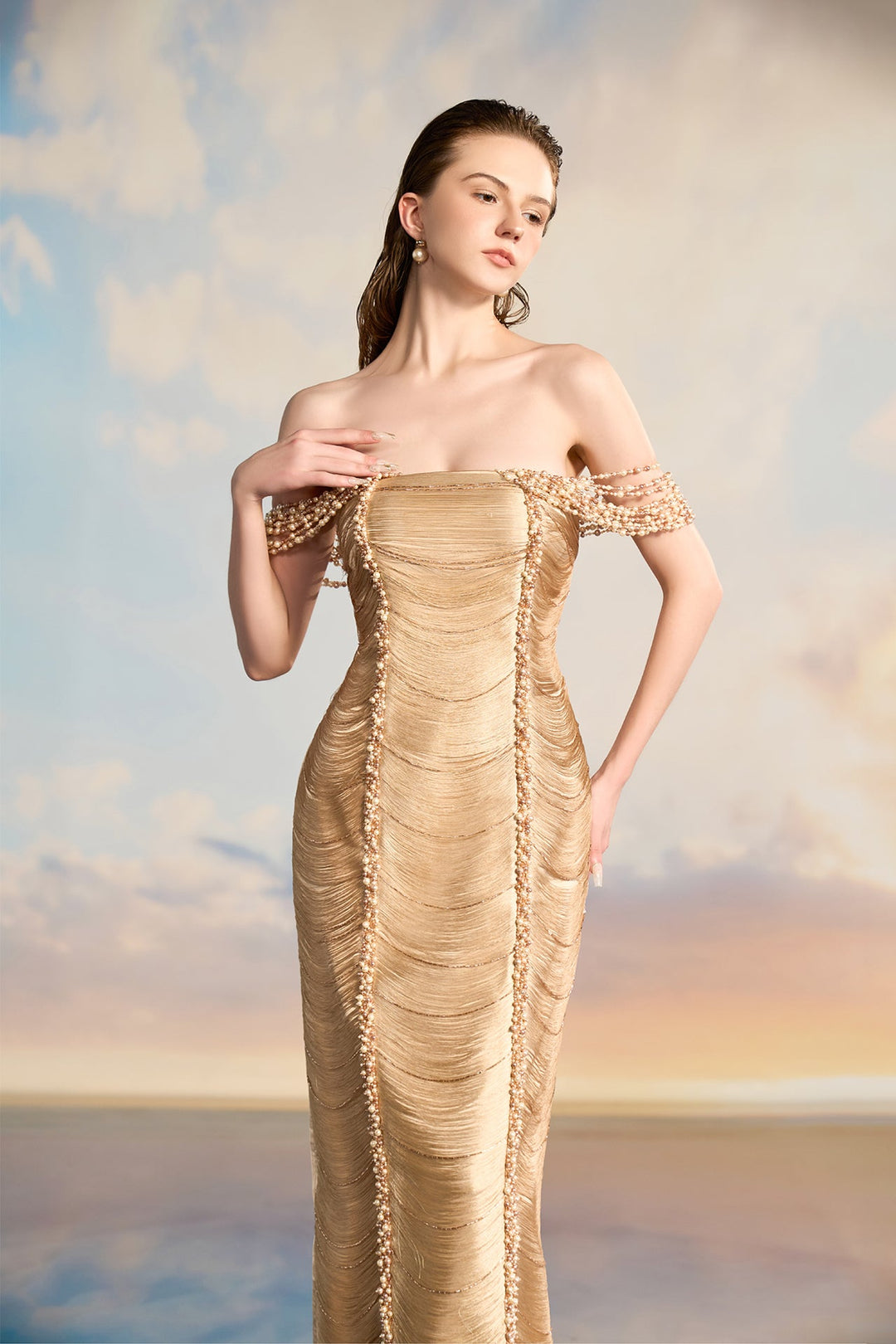 Off-Shoulder Silk Satin Pearl-Trimmed Dress