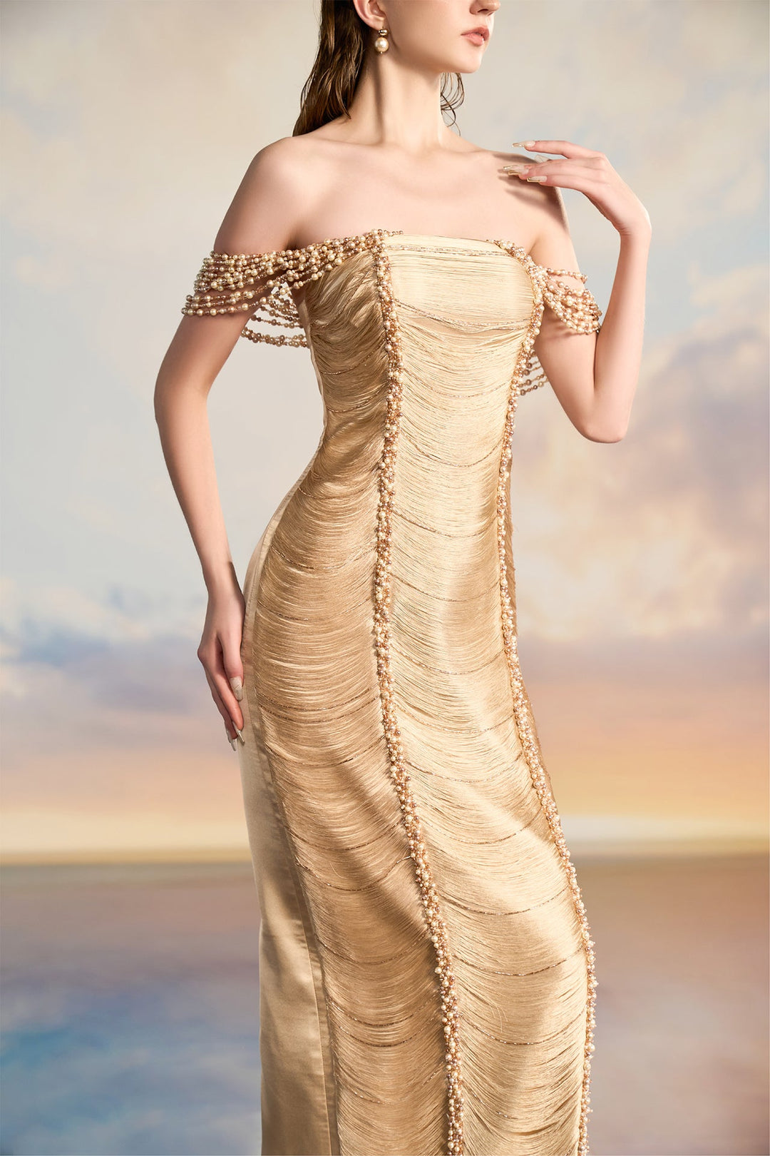 Off-Shoulder Silk Satin Pearl-Trimmed Dress