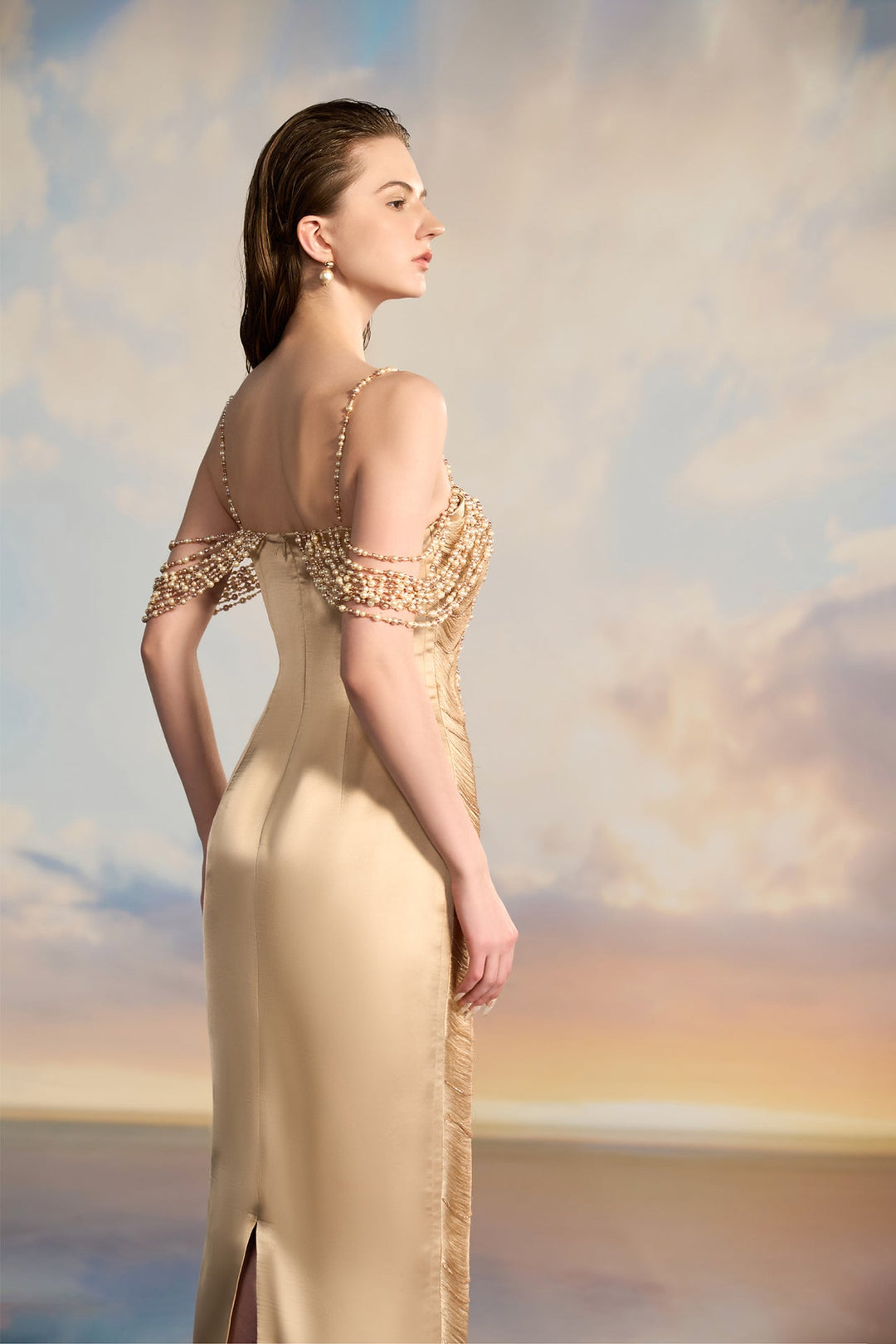 Off-Shoulder Silk Satin Pearl-Trimmed Dress