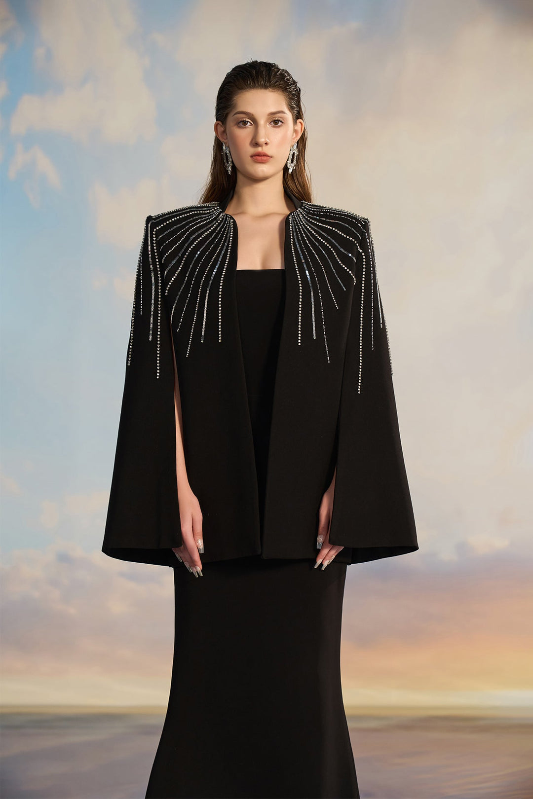 Black Crepe Cape Dress with Shoulder Embellishments – M.R DESIGN