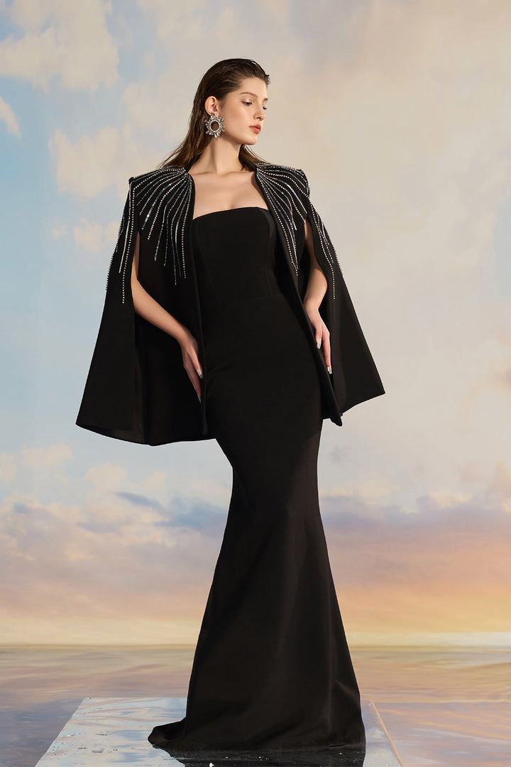 Black Crepe Cape Dress with Shoulder Embellishments