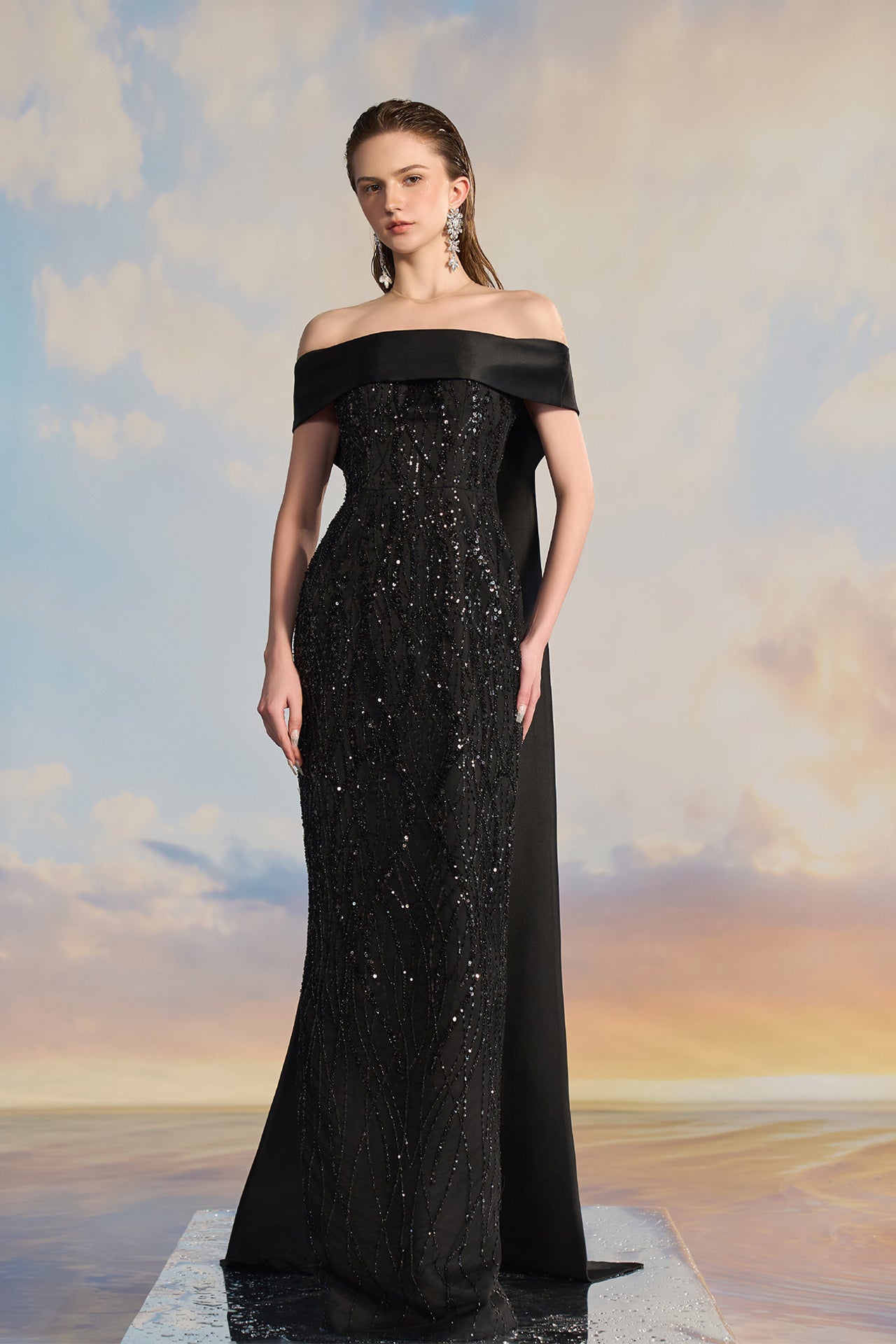 Crystal Lace Off-Shoulder Dress – M.R DESIGN