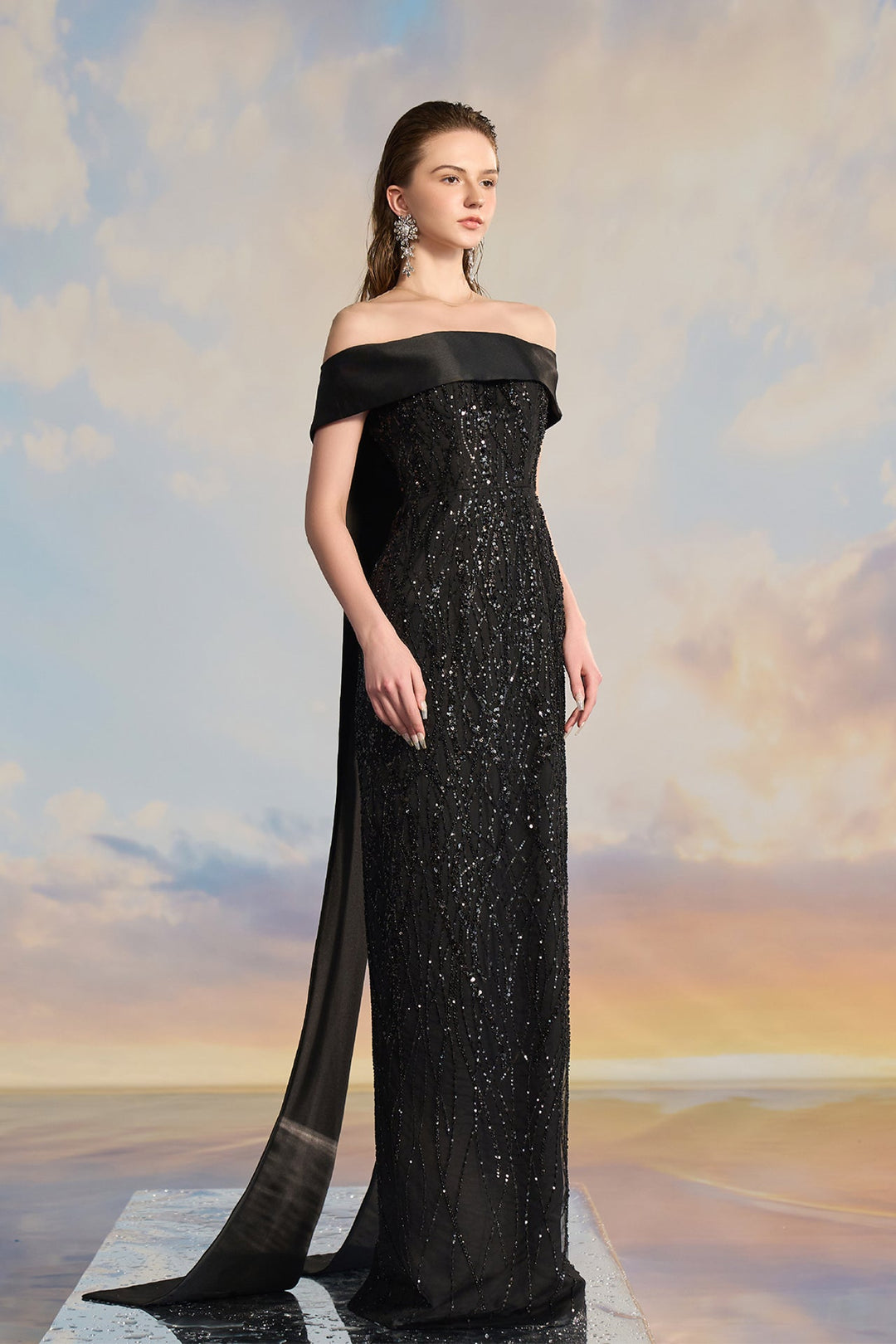 Off-shoulder column gown with crystal-trim collar Black / US 16 Off-shoulder column gown with crystal-trim collar Black / US 16