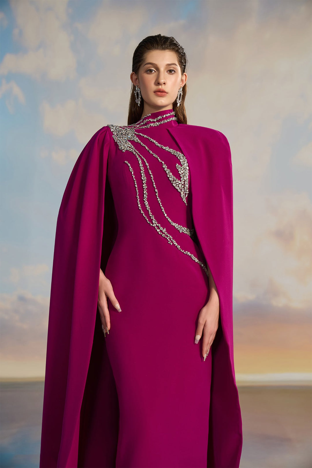 Crystal-Embellished Cape Dress