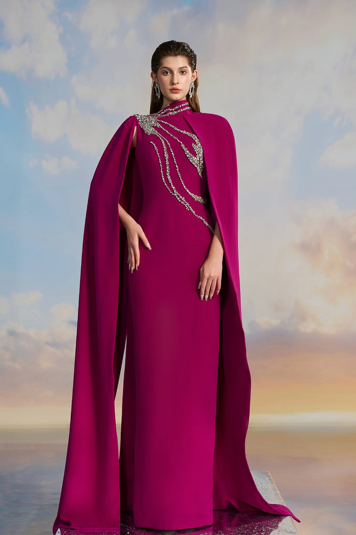 Crystal-Embellished Cape Dress