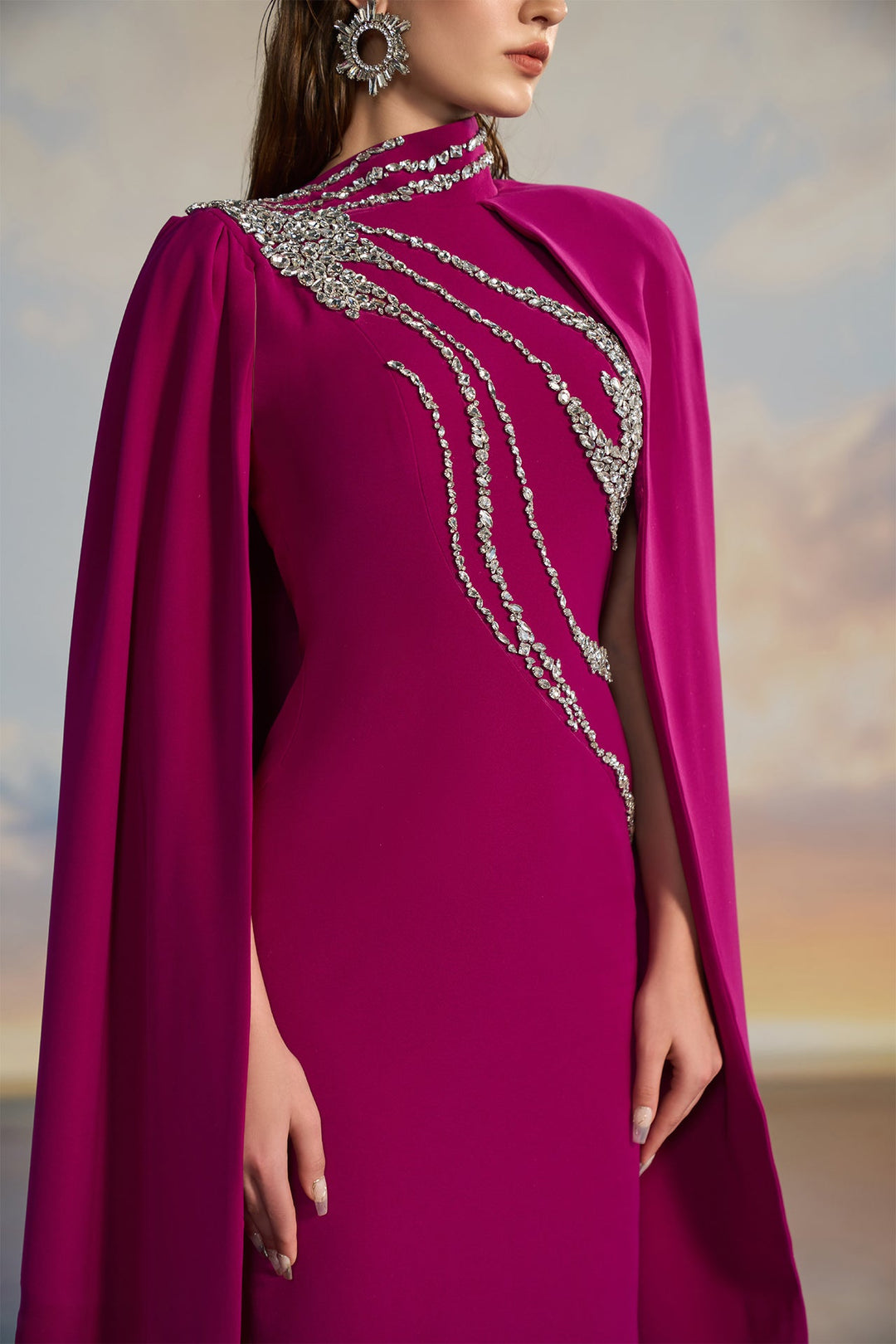 Crystal-Embellished Cape Dress