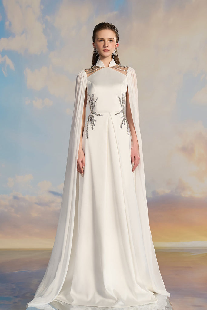 White Satin Cape Gown with Embellishments White / US 18