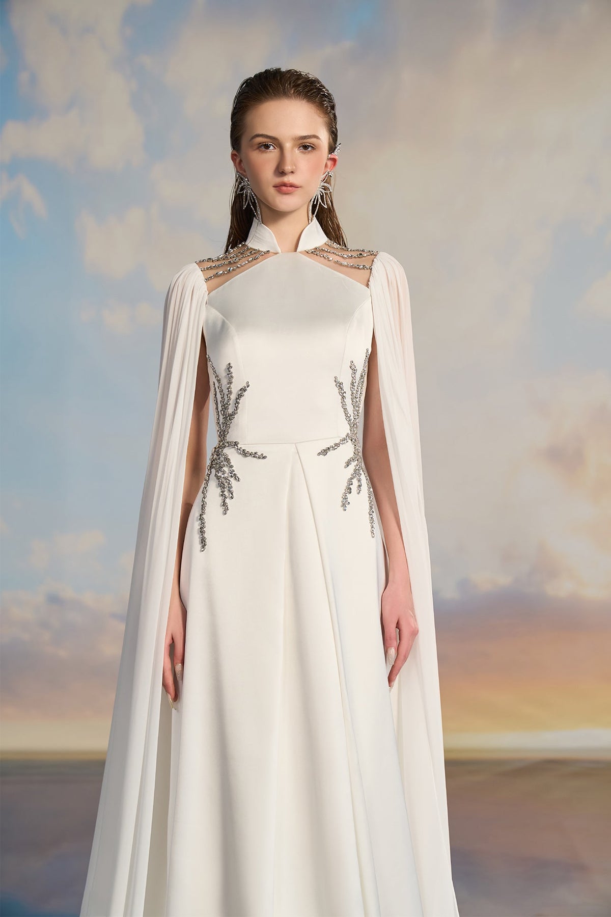 White Satin Cape Gown with Embellishments M.R DESIGN White Satin Cape Gown with Embellishments M.R DESIGN