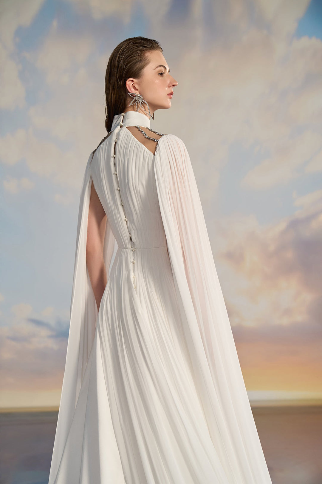 long white cape dress White Satin Cape Gown with Embellishments