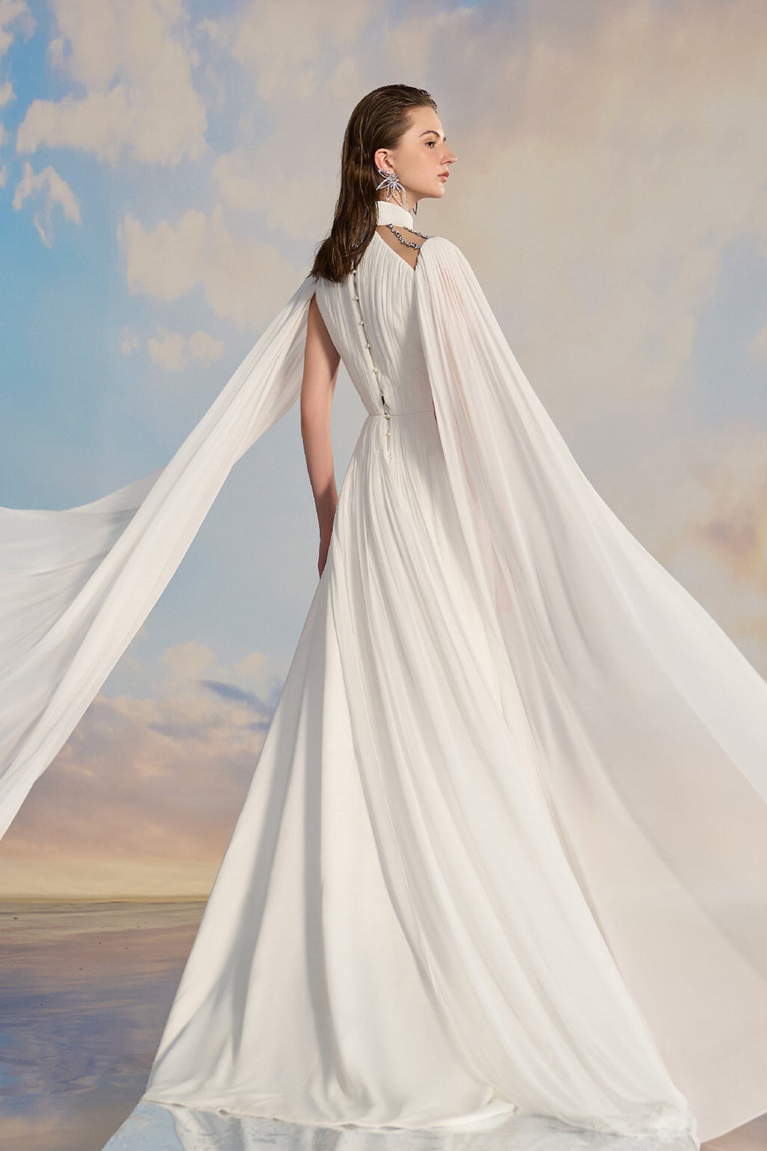 dress with cape white White Satin Cape Gown with Embellishments White / US 18