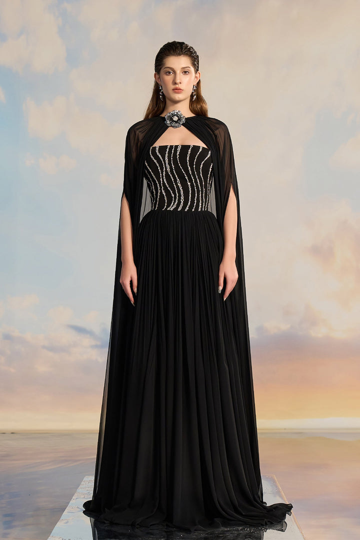 Black Chiffon Cape Dress with Embellished Bodice