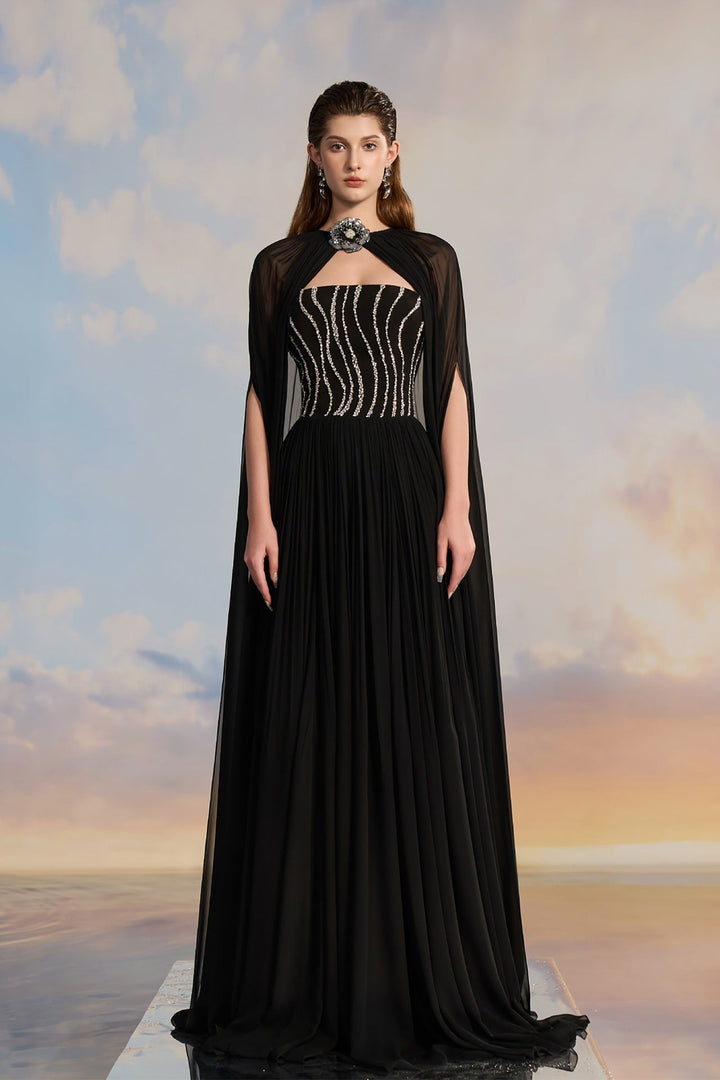 Black Chiffon Cape Dress with Embellished Bodice