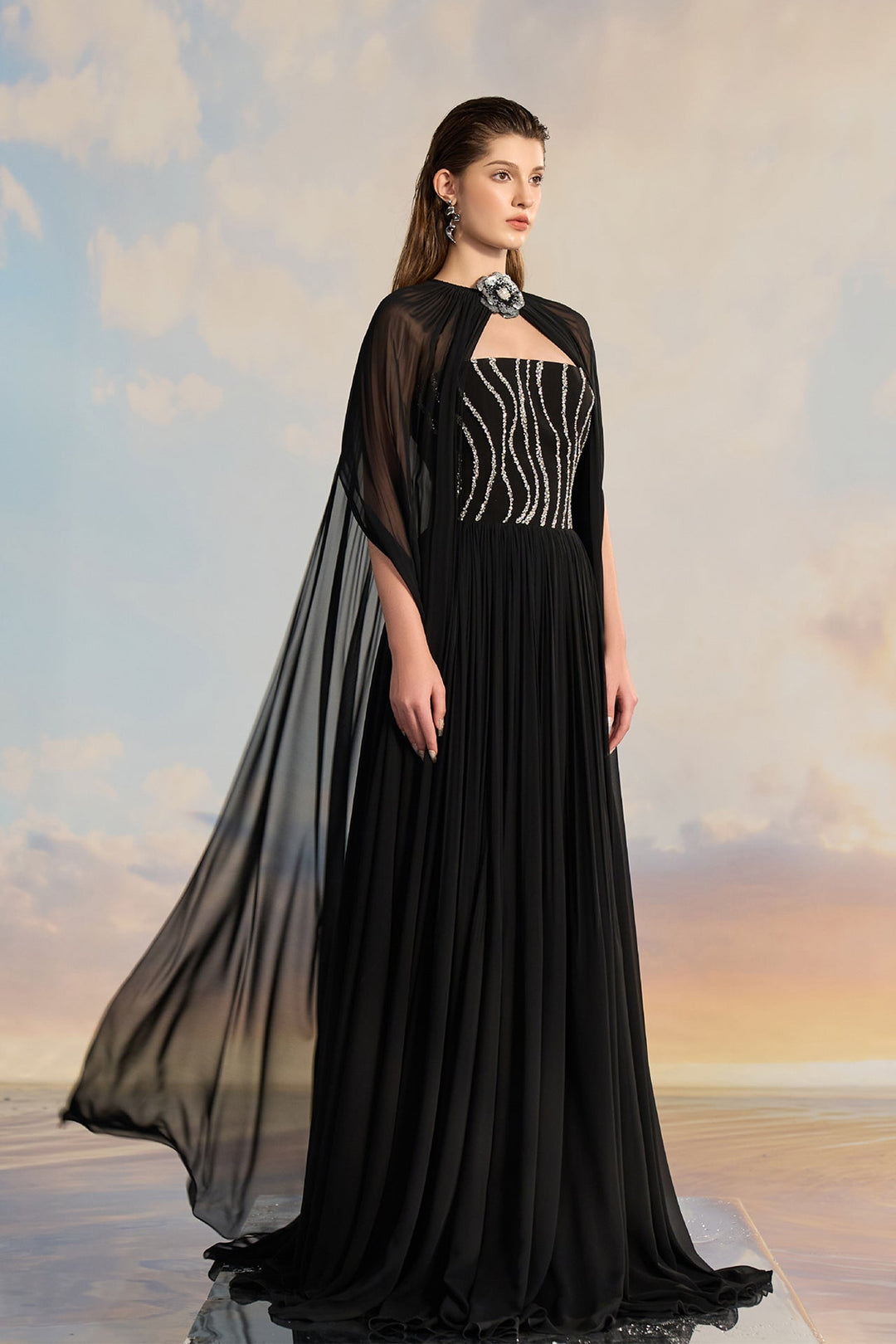 Black Chiffon Cape Dress with Embellished Bodice Black / US 6 Black Chiffon Cape Dress with Embellished Bodice Black / US 6
