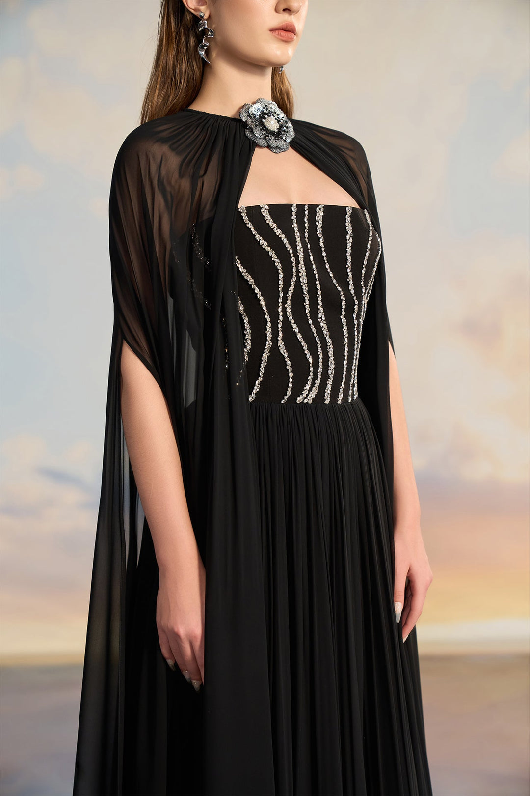 Black Chiffon Cape Dress with Embellished Bodice – M.R DESIGN